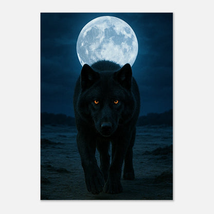 Wild Nights wolf wall art poster, dramatic full moon nature print featuring black wolf for home decor.