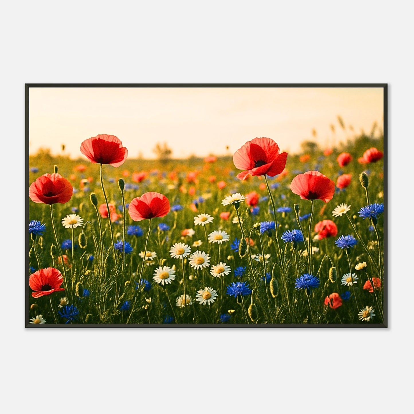 Detailansicht Wildflower Harmony Poster – leuchtende Sommerblumen in kräftigen Farben, naturgetreuer Kunstdruck mit schwarzem Metallrahmen von Defa Designs.