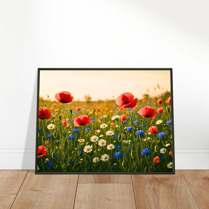 Wildflower Harmony Poster an die Wand gelehnt – strahlende Blumenwiese mit Mohn, Kornblumen und Gänseblümchen, hochwertiger Druck im schwarzen Metallrahmen.