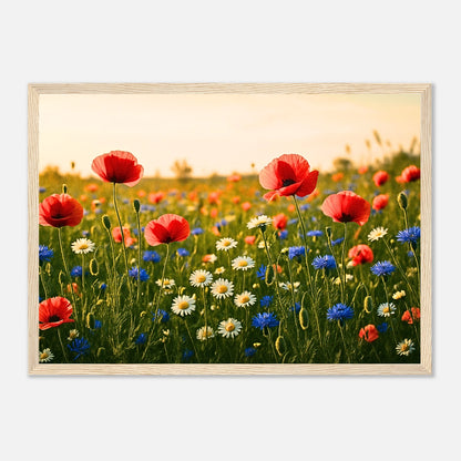 Wildflower Harmony Poster mit hellbraunem Holzrahmen – warmes Blumenbild als Wanddeko