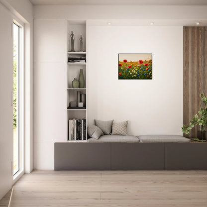 Wildflower Harmony Poster im hellen Wohnzimmer – farbenfrohes Blumenwiesen-Motiv bringt Wärme und Sommerstimmung in moderne Wohnräume.