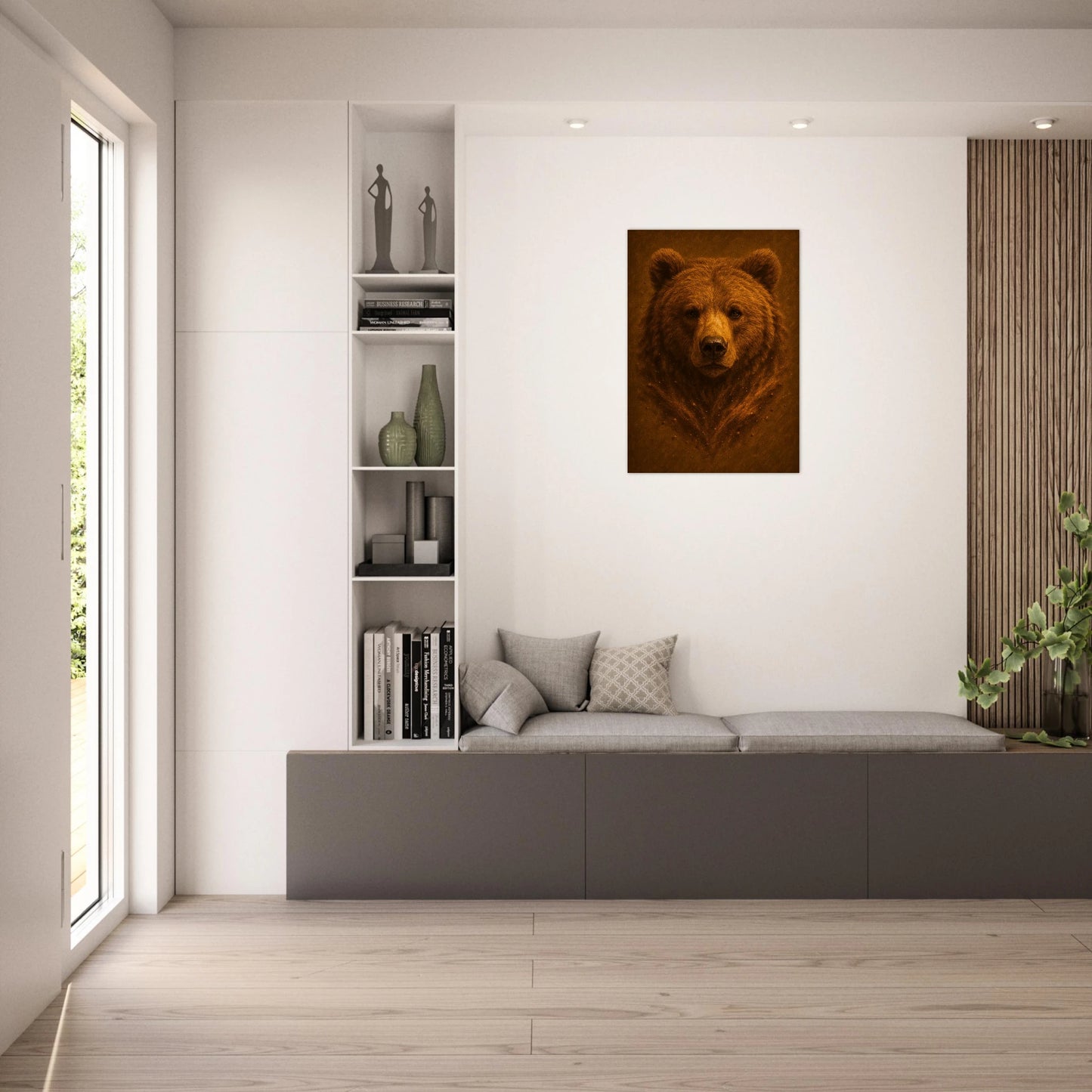 Wildlife bear poster in modern interior setting, nature wall art print for living room decoration.

