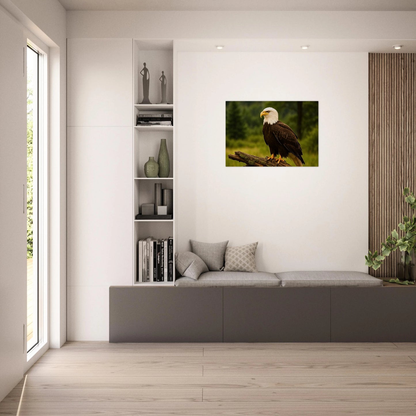 Wildlife nature wall art featuring bald eagle poster, stylish home decor idea for living room.