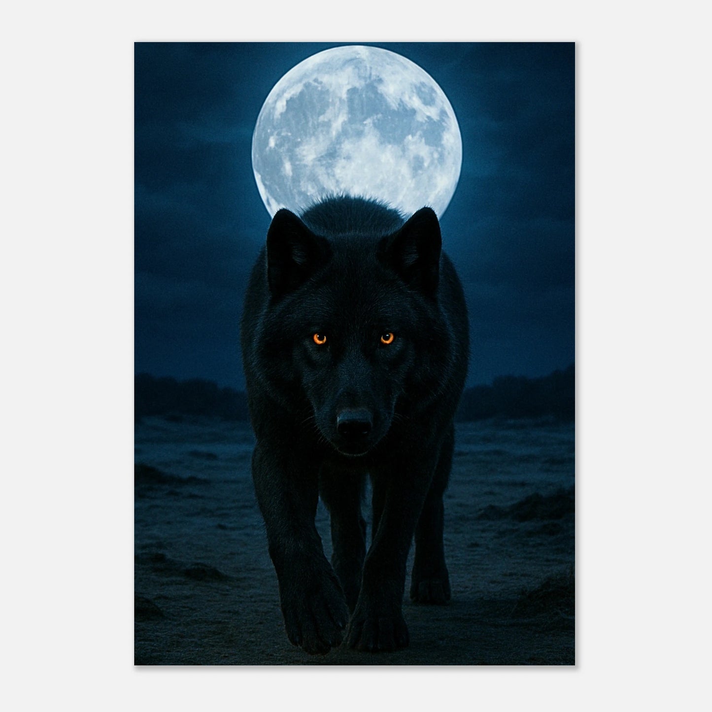 Wildlife wolf wall poster with full moon, night nature art print for living room or office decoration.