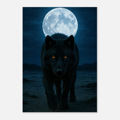 Wildlife wolf wall poster with full moon, night nature art print for living room or office decoration.