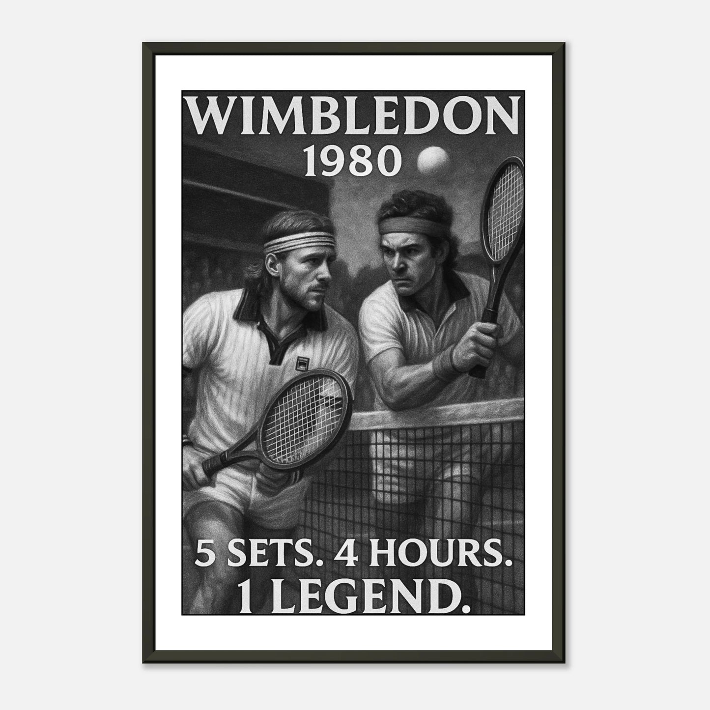 Klassisches Tennisposter „Wimbledon 1980“ im schwarzen Rahmen – Hommage an das berühmte Finale und sportliche Rivalität | DEFA Designs