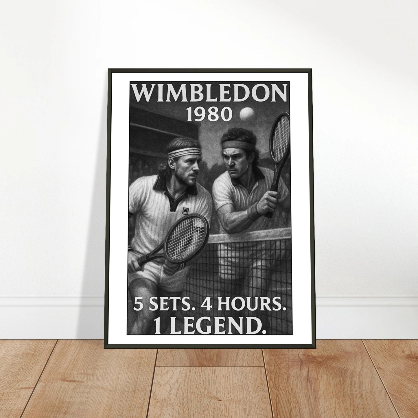 „Wimbledon 1980 – The Battle That Defined Tennis“ Poster im schwarzen Rahmen, an die Wand gelehnt – sportliches Vintage-Design | DEFA Designs