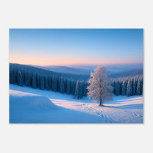 Winter Serenity snowy landscape wall art poster – peaceful winter scene with frosty tree and soft morning light.