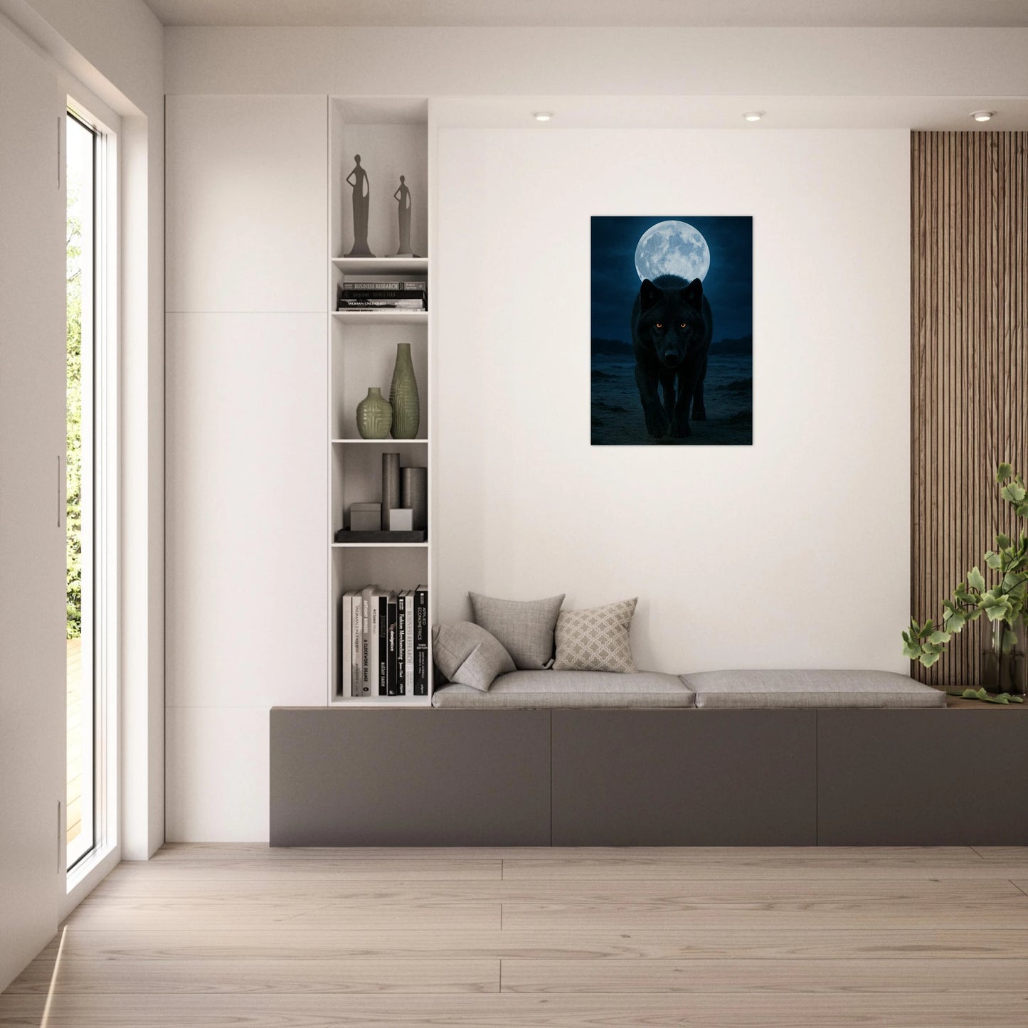 Wolf full moon wall poster in elegant home interior, nature night art print for decoration.