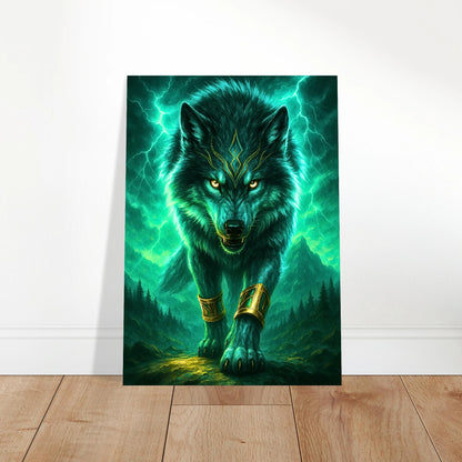 Fantasy green wolf poster leaning against wall, vibrant art print for home decoration