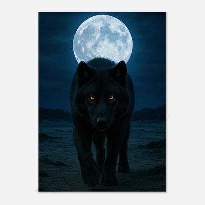 Wolf poster leaning on wooden table, full moon night wall art print for stylish home decor.