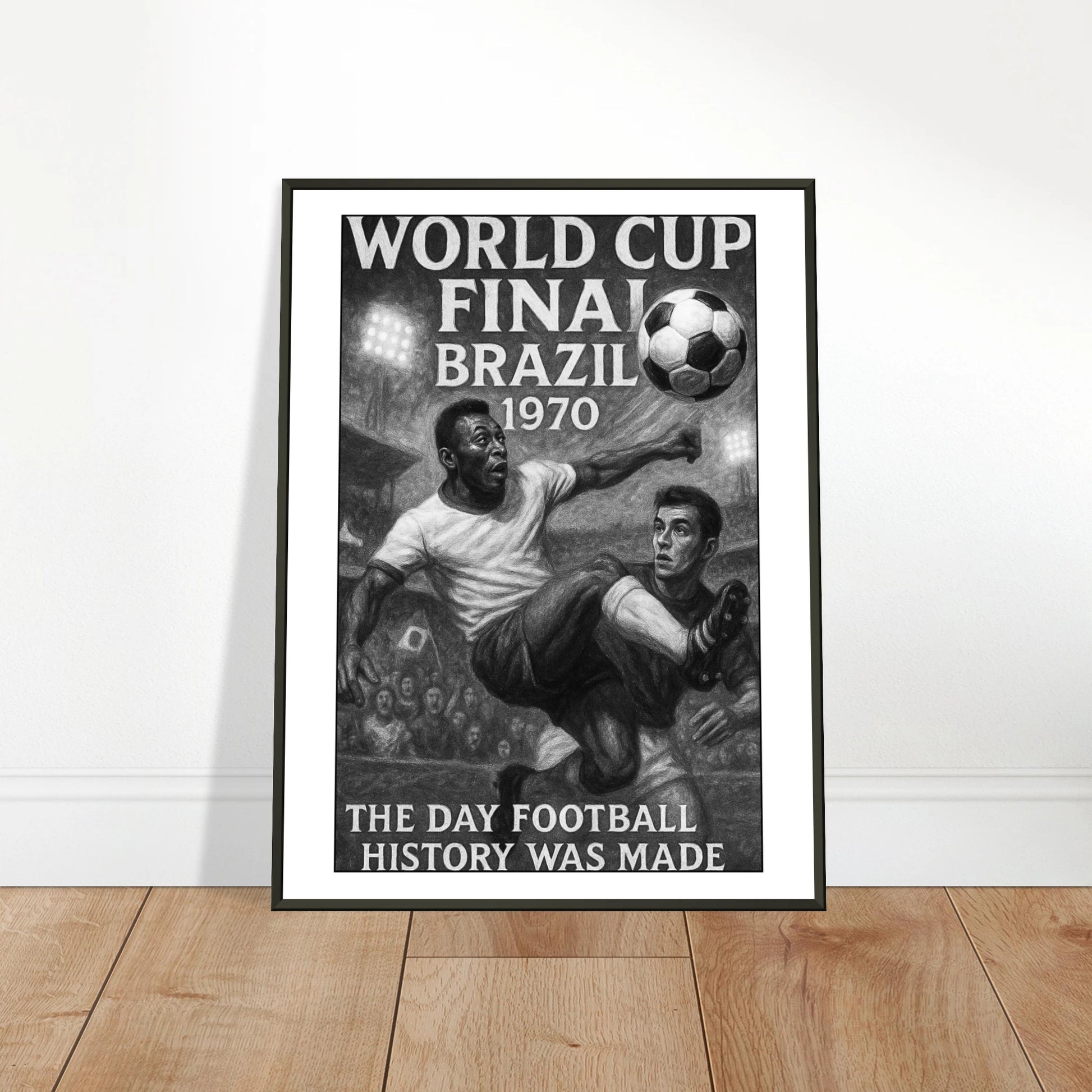 World Cup 1970 Poster an die Wand gelehnt | Vintage Fußballmotiv im schwarzen Metallrahmen | Kunst von DEFA Designs