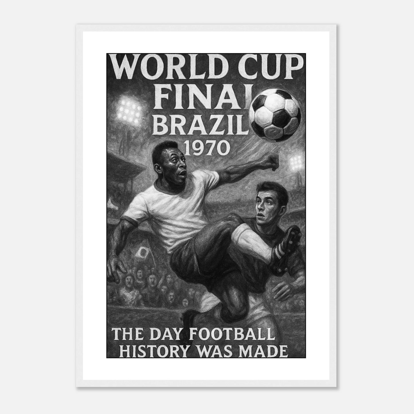 Retro Poster „World Cup 1970 – The Day Football Changed Forever“ im weißen Rahmen – Fußballlegende Pelé WM 1970