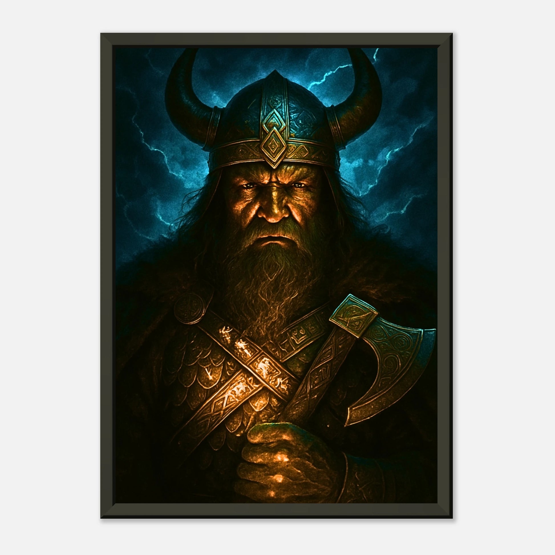 Wrath of the North nordischer Krieger als Wandkunst mit schwarzem Metallrahmen, kraftvolles Viking Fantasy Design