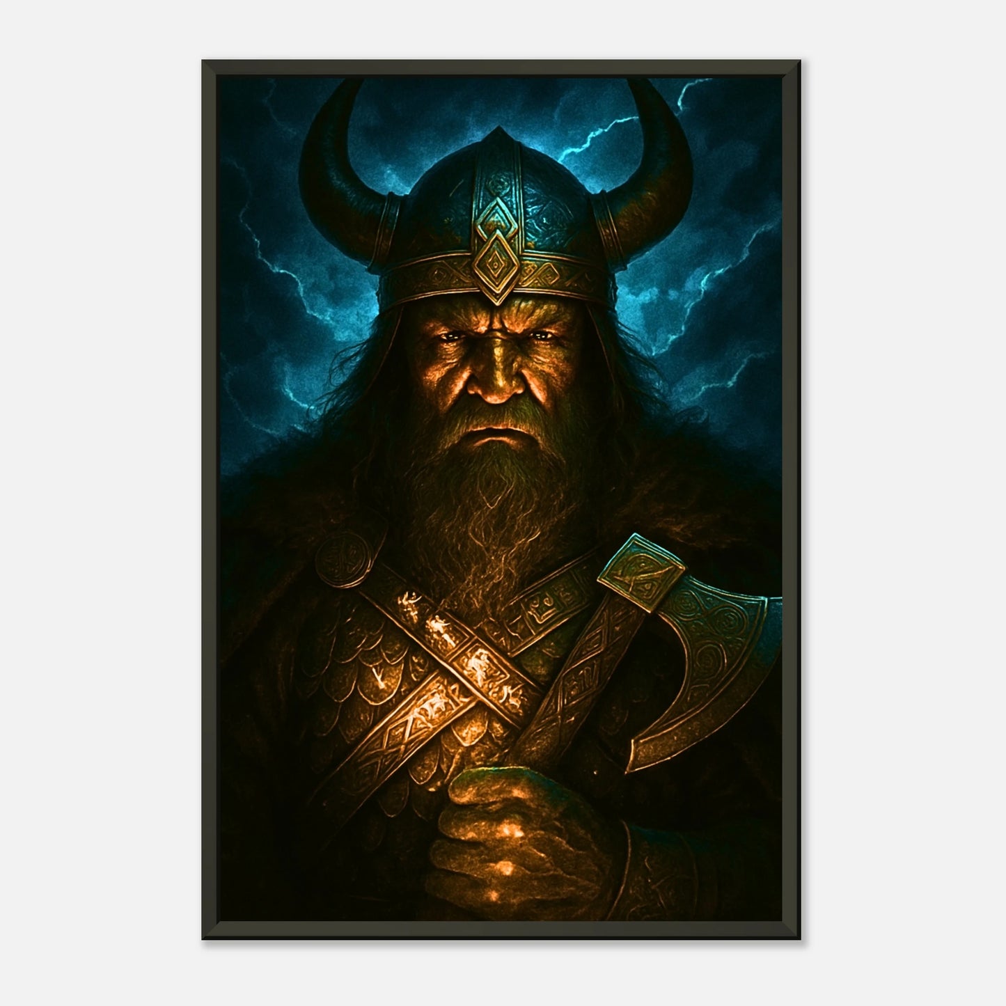 Wrath of the North Viking Wandbild in dunklem modernen Interior, schwarzer Metallrahmen mit starker Präsenz