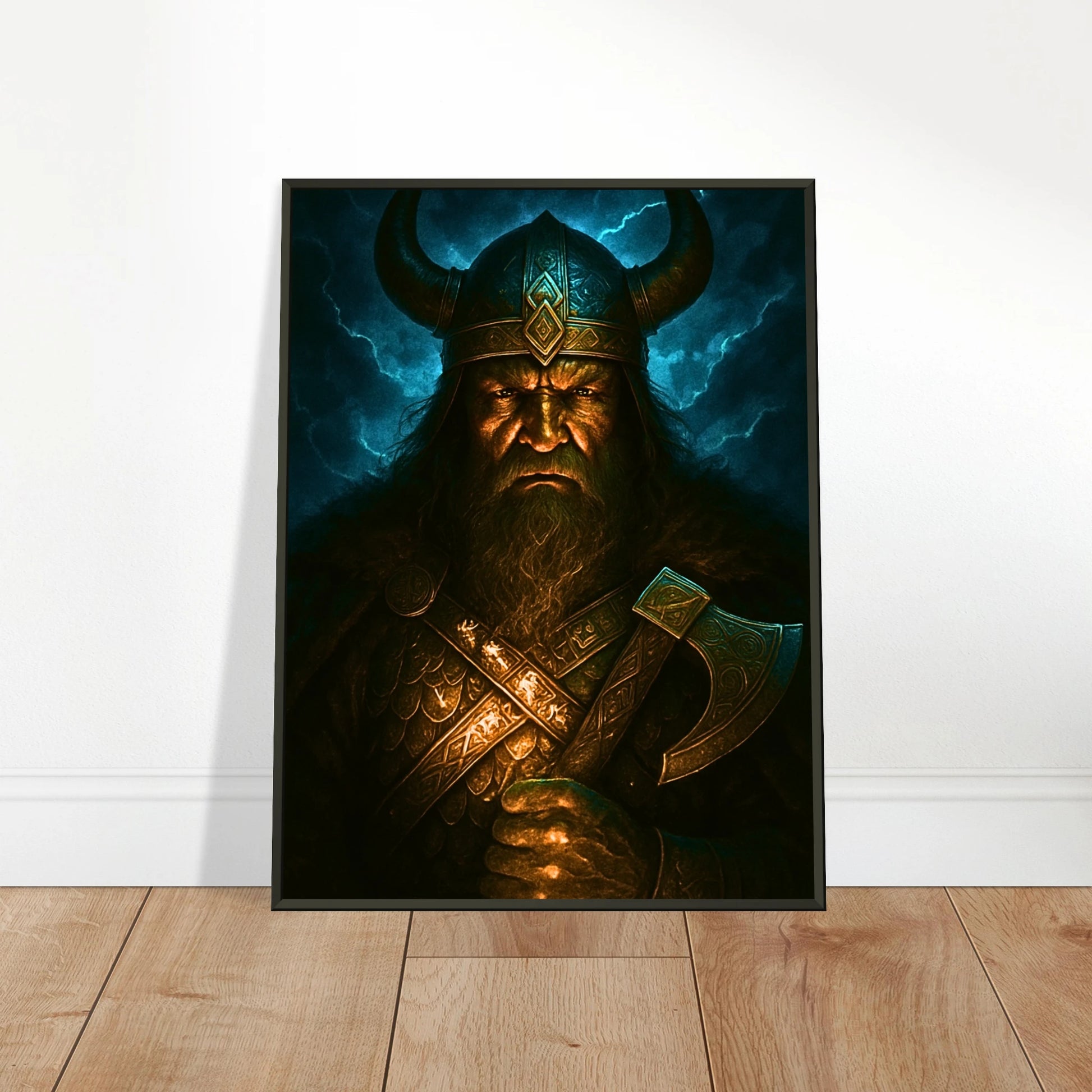 Wrath of the North Viking Wandbild in hellem modernen Wohnraum, nordische Kriegerkunst im schwarzen Metallrahmen