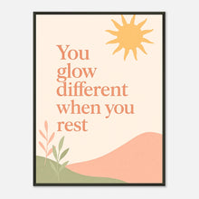 You Glow Different motivational wall art poster in black metal frame featuring pastel sun and calming typography design