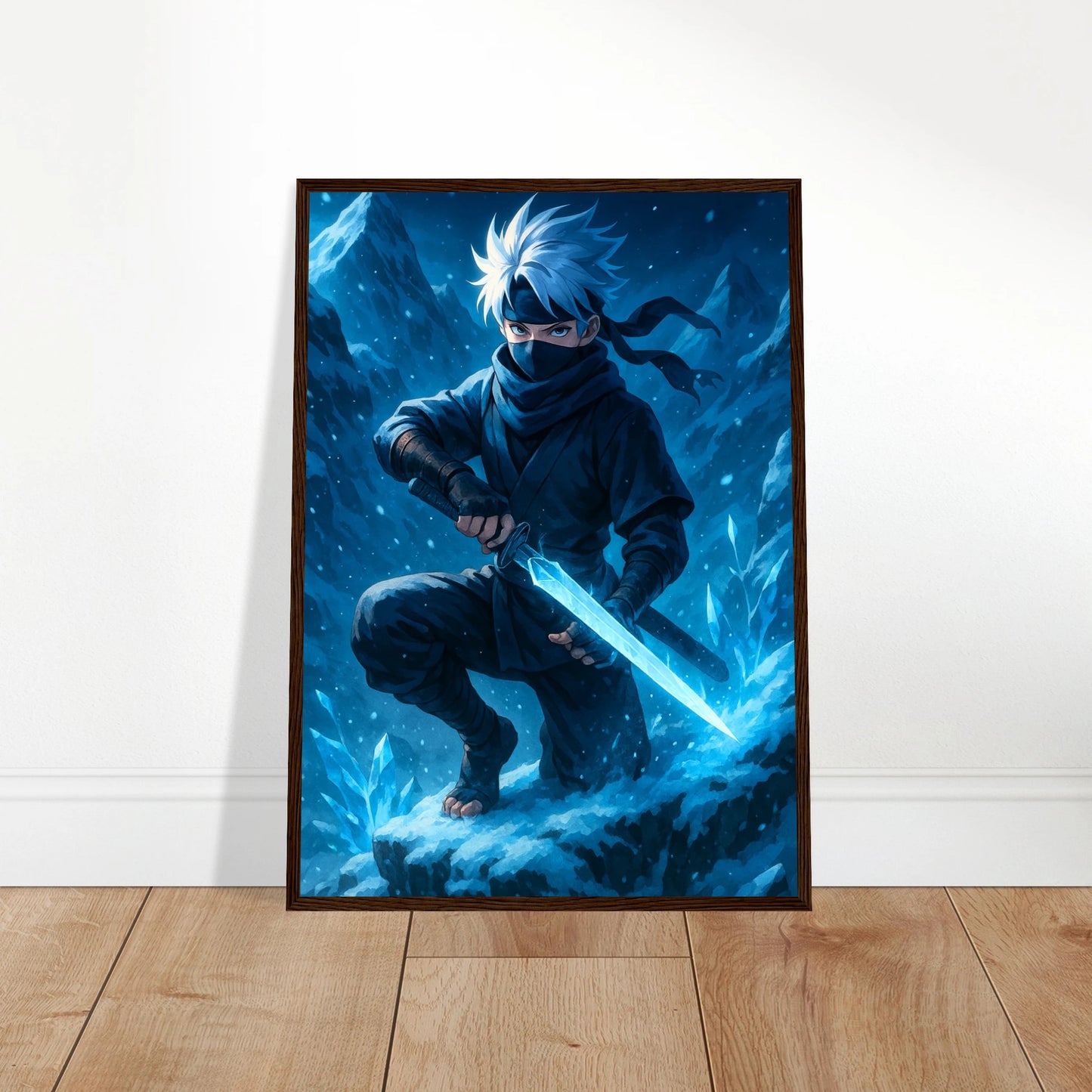 YUKITO Poster an die Wand gelehnt – majestätischer Samurai im eisblauen Sturm. Kraftvolle Anime-Kunst mit dynamischem Lichtspiel und frostigem Flair.