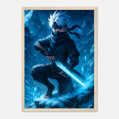 YUKITO Poster im hellbraunen Holzrahmen – Samurai-Anime-Kunst in eisigem Blau. Elegantes Wandbild mit gefrorenem Stil und japanischer Präzision von Defa Designs.