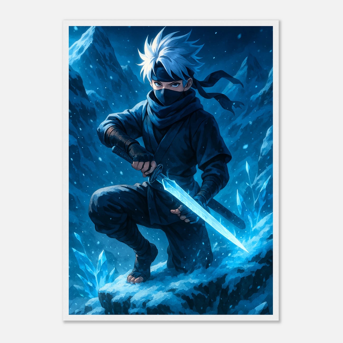 YUKITO Poster im weißen Rahmen – minimalistisches Samurai-Anime-Design mit eisblauer Energie. Stilvolle Wandkunst in moderner japanischer Ästhetik.