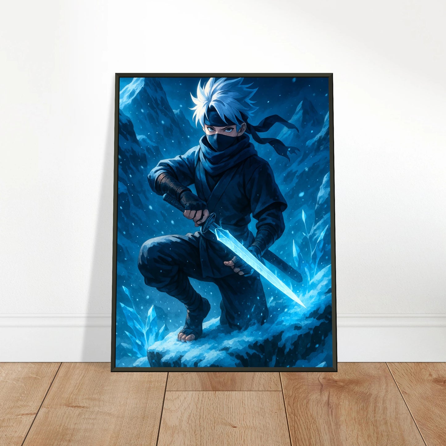 YUKITO Poster an die Wand gelehnt – eisiges Ninja Motiv als stilvolle Raumdekoration.