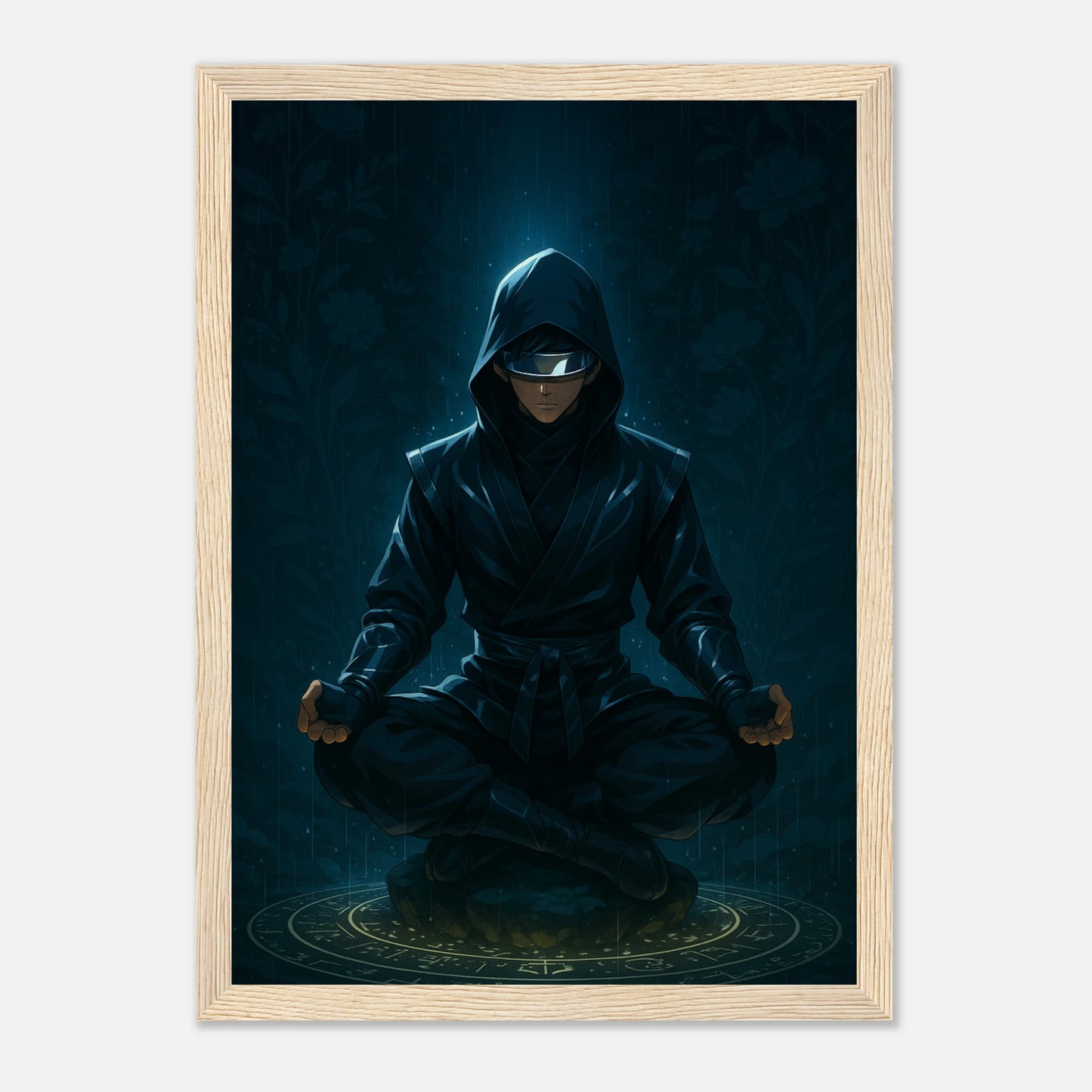 ZENRAI Poster im hellbraunen Holzrahmen – meditierender Samurai mit blauer Energie, ruhige japanische Anime-Kunst für Stärke und Fokus. Premium-Druck von Defa Designs.